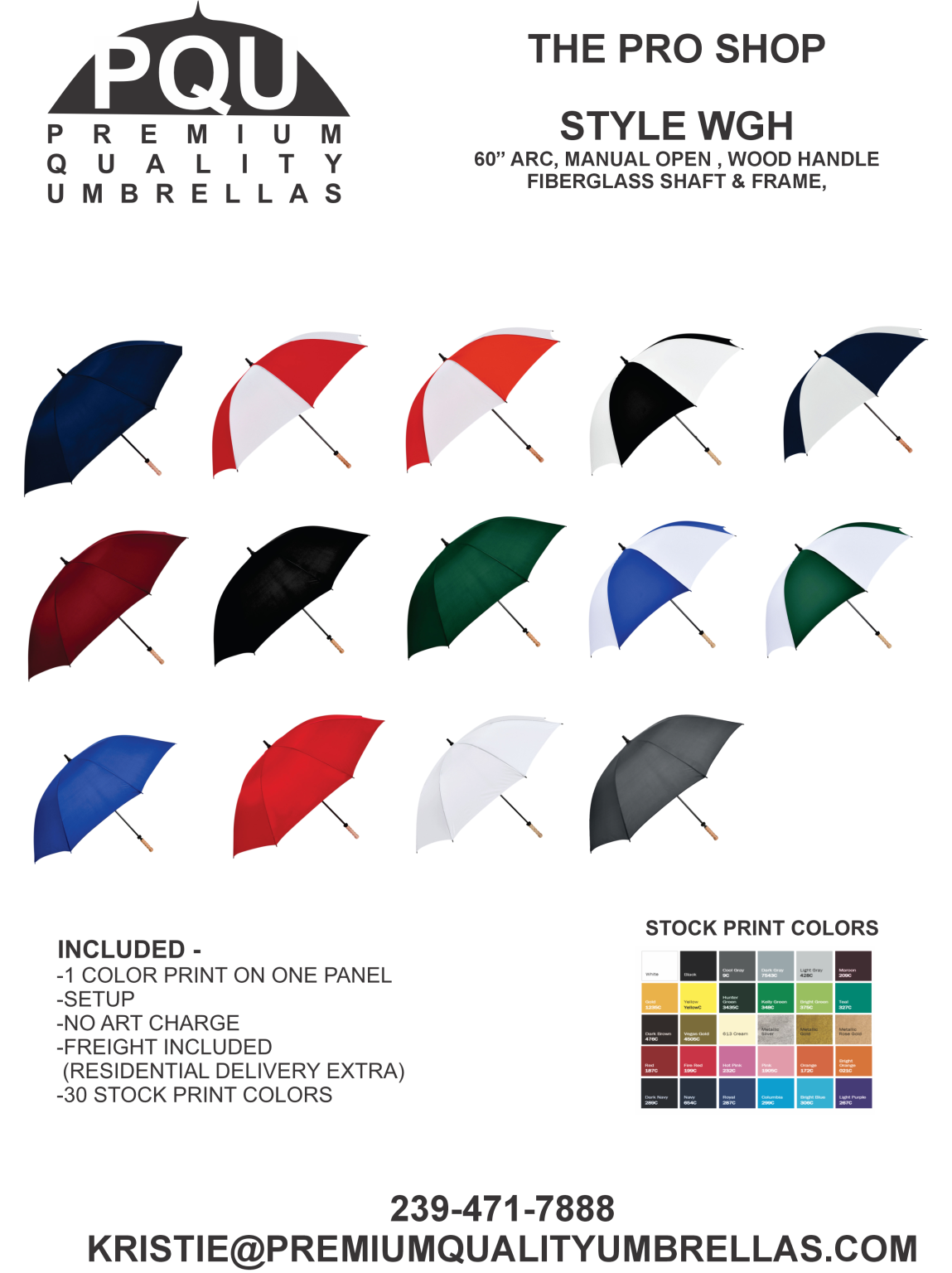 60″ Fiberglass Wood Handle Golf Umbrellas Variety of Colors